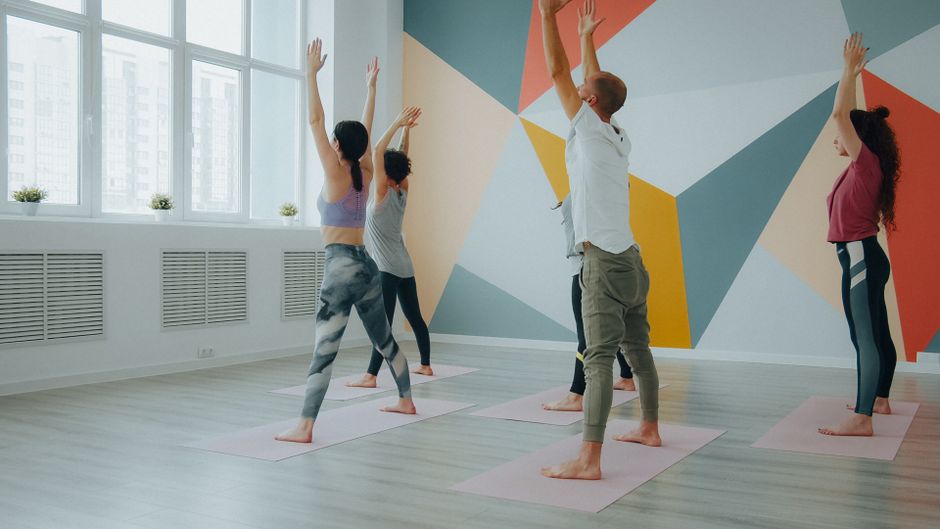 Students flowing through a vinyasa sequence in soft morning light